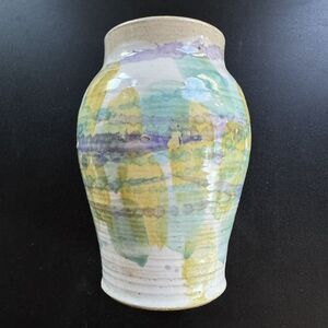 Watercolor Glazed Yellow Green Studio Art Pottery Vase signed vintage 1980s 7.5"